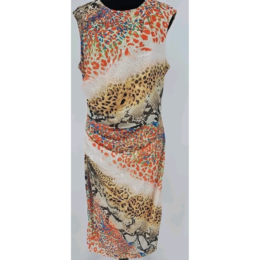 Vtg‎ Alberto Makali Sheath Dress XL Orange Animal Print Mesh Tropical Y2K